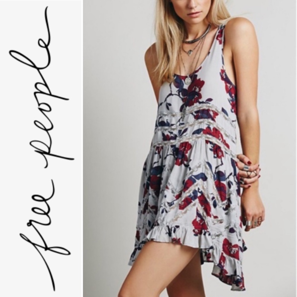 Intimately Free People Trapeze Slip Dress in a gray with red floral print- L